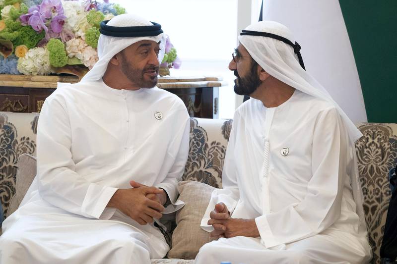ABU DHABI, UNITED ARAB EMIRATES - April 22, 2019: HH Sheikh Mohamed bin Zayed Al Nahyan, Crown Prince of Abu Dhabi and Deputy Supreme Commander of the UAE Armed Forces (L), meets with HH Sheikh Mohamed bin Rashid Al Maktoum, Vice-President, Prime Minister of the UAE, Ruler of Dubai and Minister of Defence (R), during a Sea Palace barza.

( Mohamed Al Hammadi / Ministry of Presidential Affairs )
---