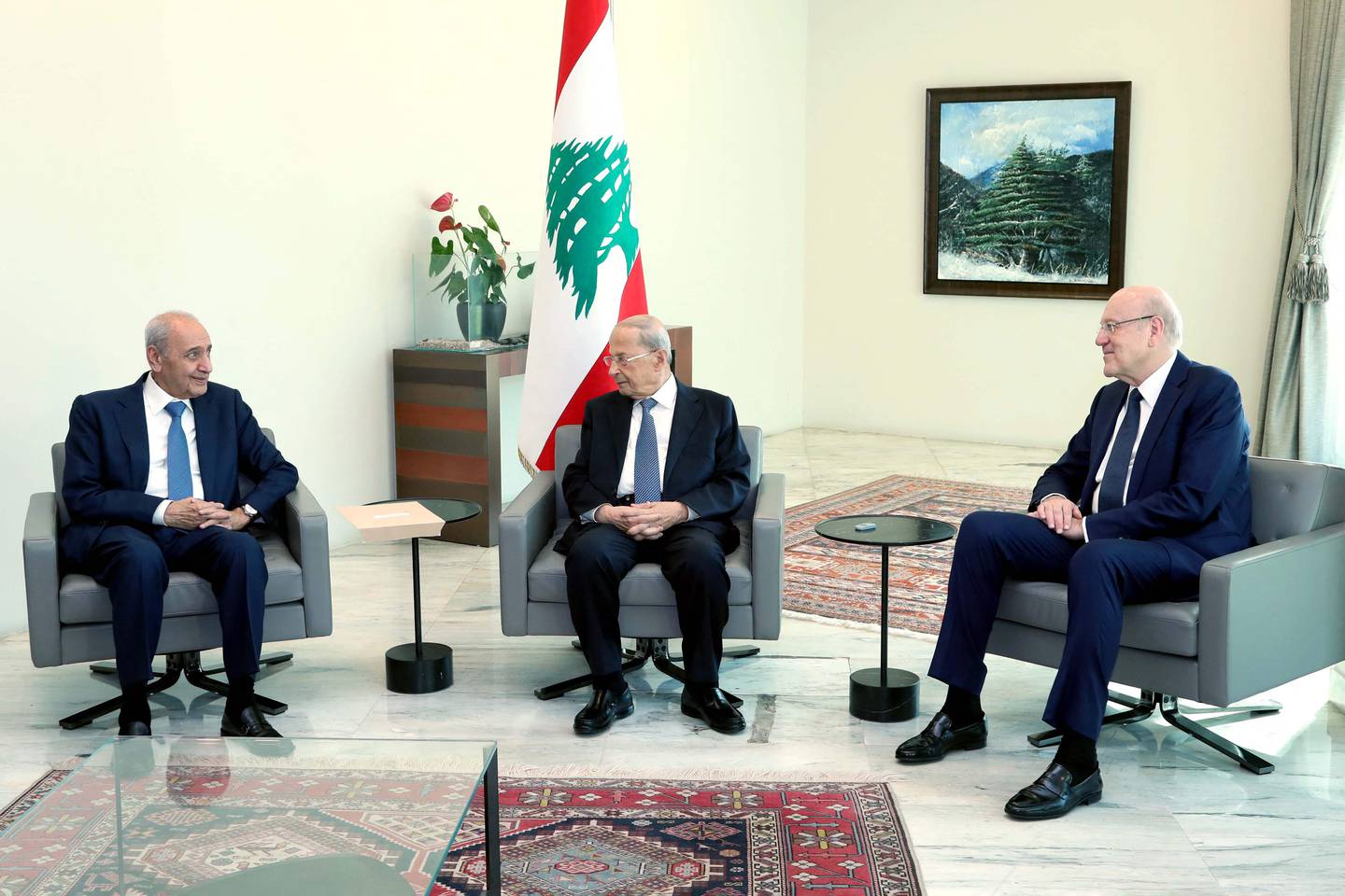 Lebanon's President Michel Aoun (C) meeting with parliament speaker Nabih Berri and Prime Minister-designate Najib Mikati(R) at the presidential palace in Baabda, east of the capital Beirut, on June 23. AFP