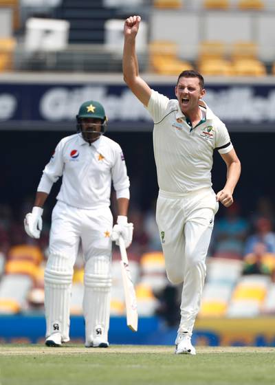 Josh Hazlewood of Australia celebrates after taking the wicket of Pakistan's Azhar. Getty