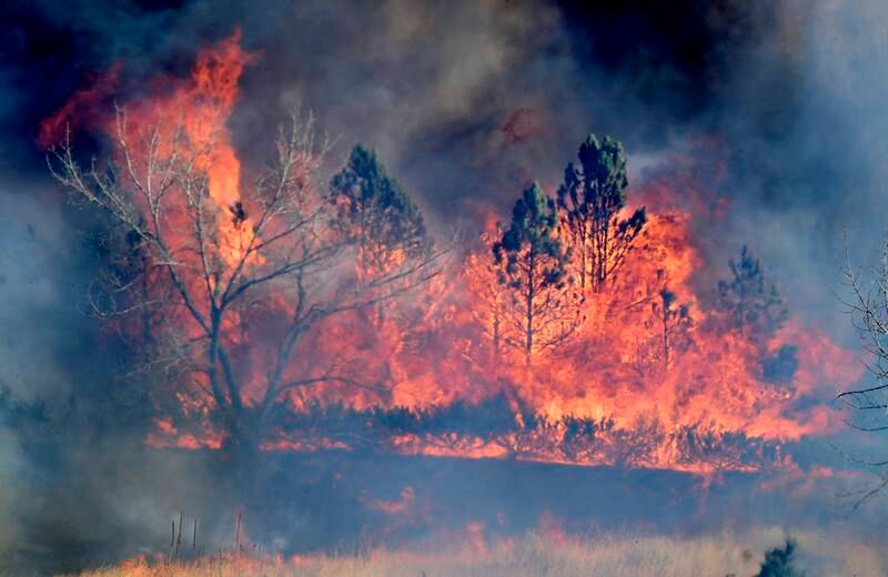 A wall of flames near a home, north of Boulder. Hundreds of homes, a hotel and a shopping centre have been destroyed. AP