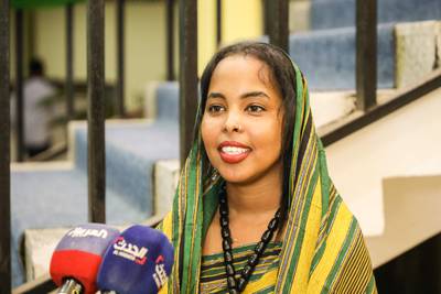 Somalian scriptwriter and actress Kaif Jama speaks to media ahead of the first screening of Somali films at The Somali National Theatre.