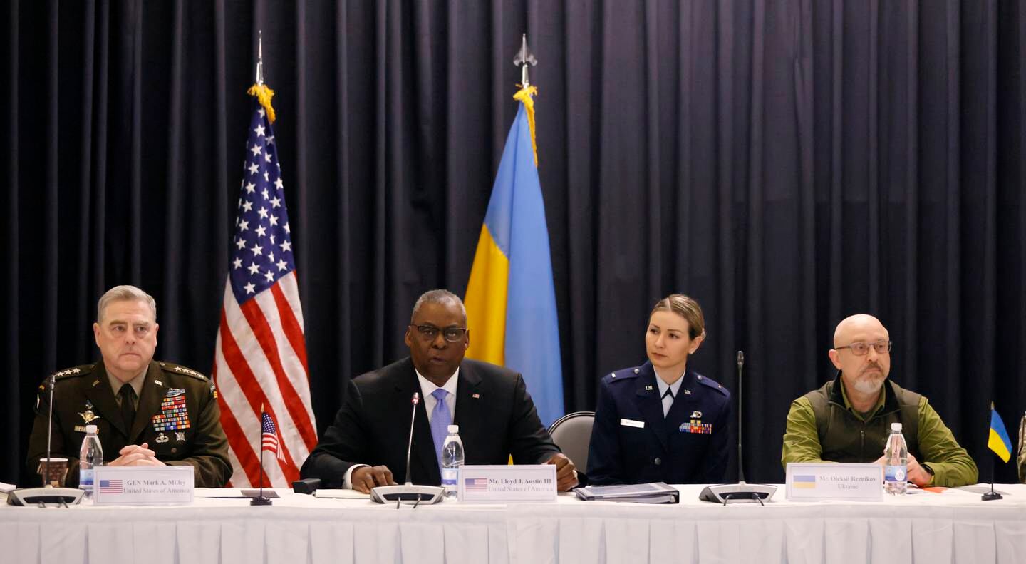 Secretary of Defence Lloyd Austin speaks alongside Ukrainian Defence Minister Oleksii Reznikov during a meeting at the US Air Base in Ramstein, Germany. EPA