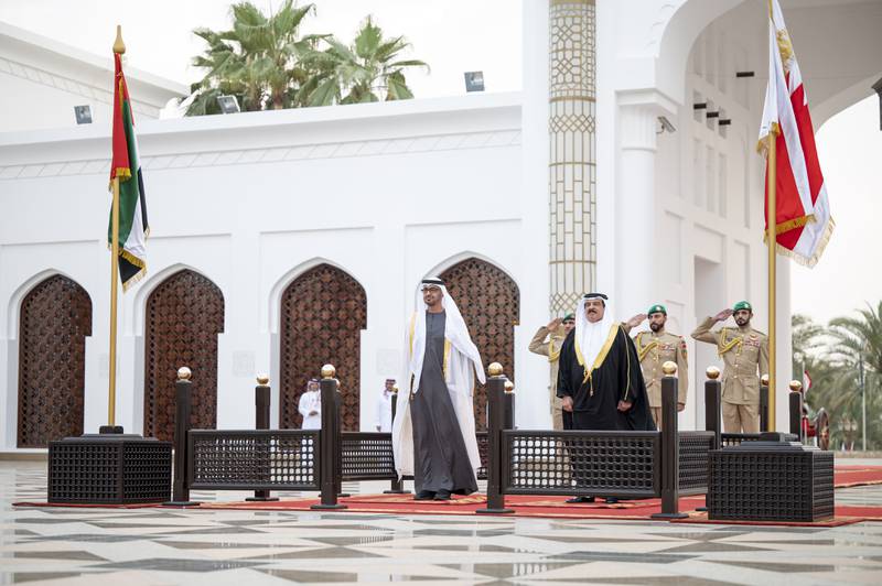 Sheikh Mohamed bin Zayed and King Hamad at Sakhir Palace. Photo: Abdulla Al Neyadi for the Ministry of Presidential Affairs
