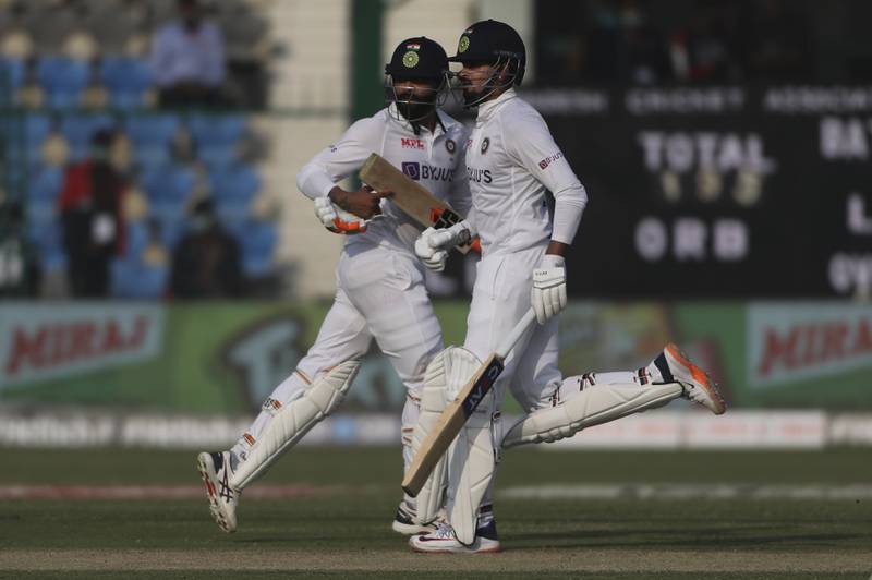 India's Shreyas Iyer, right, and Ravindra Jadeja starred in a century stand in the Kanpur Test against New Zealand on Thursday. AP