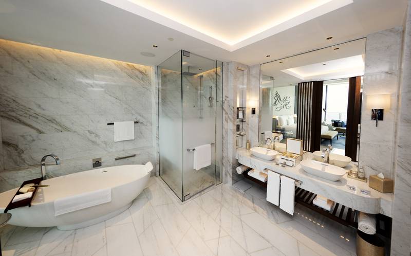 An en suite at the new Atlantis The Royal hotel in Dubai, complete with a stand-alone bath and marble floor and walls. Getty Images for Atlantis Dubai