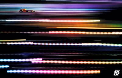 Daniel Riccardo’s Red Bull car races past the complementary colours of the foreground lights. Choosing a vantage point I’d not photographed from previously, I waited for qualifying to begin for the 2017 Abu Dhabi Grand Prix. Noticing the lights in the foreground I practiced some very slow shutter speed pan shots and liked the streaks . Repeating the same shot as the cars passed, I’m glad I ventured to somewhere new!