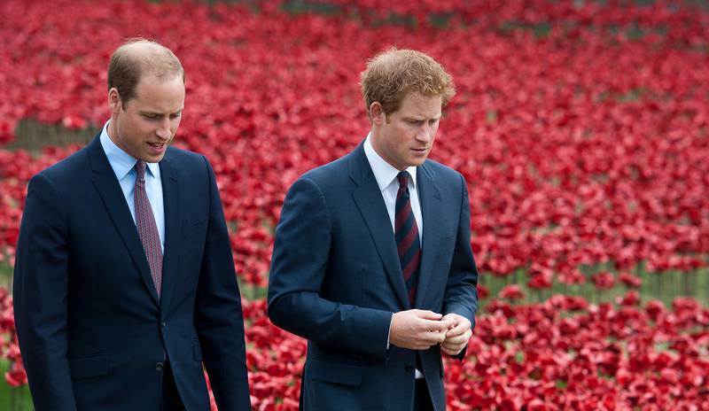 epa08116537 (FILE) - Britain's Prince William, Duke of Cambridge (L) and Prince Harry, Duke of Sussex, (R) walk through a sea of red poppies inside the moat at the Tower of London in London, Britain, 05 August 2014 (reissued 10 January 2020). Britain's Prince Harry and his wife Meghan have announced in a statement on 08 January that they will step back as 'senior' royal family members and work to become financially independent.  EPA-EFE/WILL OLIVER