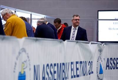 Democratic Unionist Party leader Sir Jeffrey Donaldson watches votes being counted in Jordanstown. Reuters