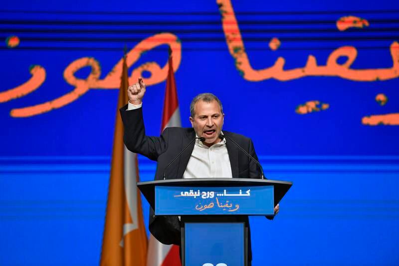 Gebran Bassil speaks to his supporters during an electoral festival in Beirut. He was sanctioned by the US in 2020 for alleged corruption and material support to Hezbollah. EPA