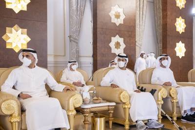Sheikh Khaled bin Mohamed, Chairman of Abu Dhabi Executive Office, Sheikh Zayed bin Hamdan and Sheikh Shakhbout bin Nahyan, Minister of State. Hamad Al Kaabi / Ministry of Presidential Affairs