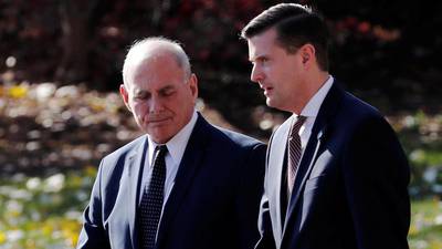 Mr Porter, right, had been rising in president Donald Trump’s inner circle and according to a source familiar with the situation, had been talking to White House chief of staff John Kelly, left, about a promotion. Jonathan Ernst / Reuters