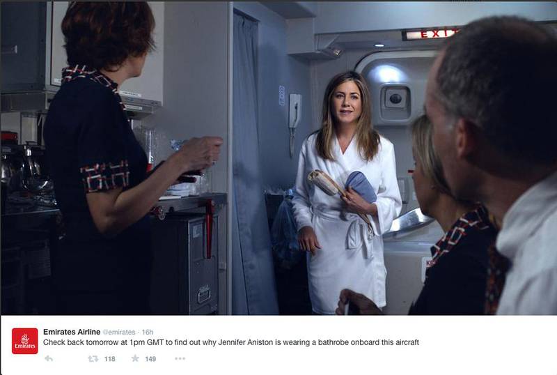 A tweet posted by Emirates showing Jennifer Aniston in their newest advert.