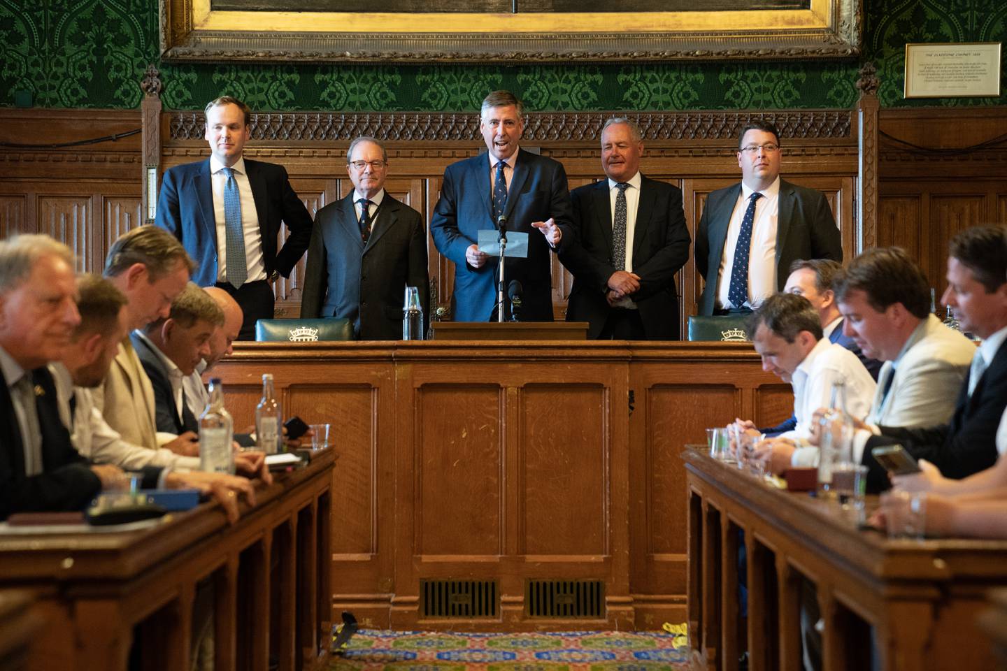 Sir Graham Brady, centre, announces the result of the fourth ballot of Conservative MPs. PA 