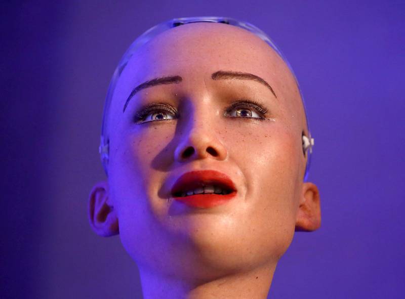 Sophia, a robot with Saudi Arabian citizenship, is pictured as she interacts during the innovation fair in Kathmandu, Nepal March 21, 2018. REUTERS/Navesh Chitrakar