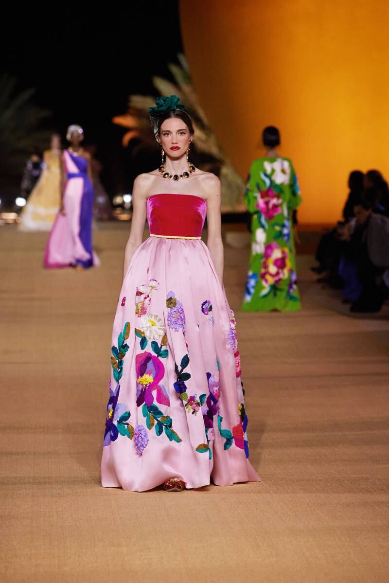 Colourful floral motifs on a strapless gown.