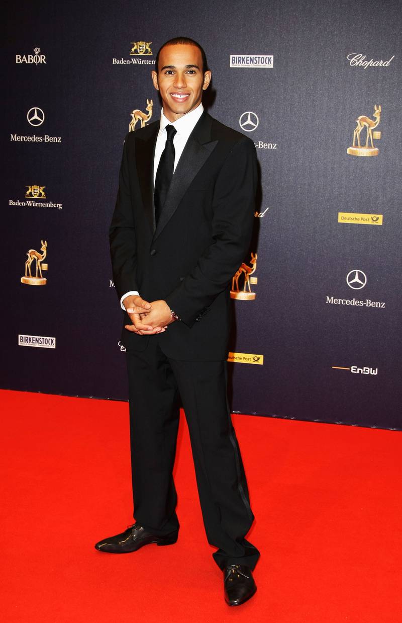Lewis Hamilton, in a black suit, arrives at the Bambi Awards on November 27, 2008, in Offenburg, Germany. Getty Images