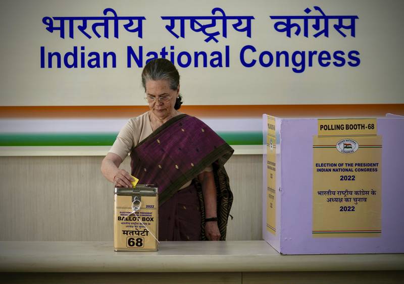 The Congress Party’s interim president Sonia Gandhi casts her vote during the election for party president in New Delhi, India. AP