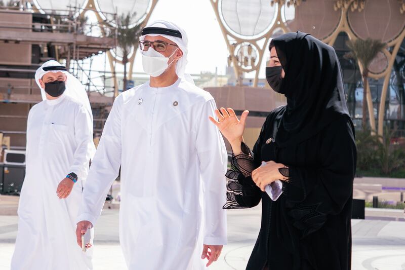 Sheikh Khaled bin Mohamed, member of Abu Dhabi Executive Council and chairman of the Abu Dhabi Executive Office, visited the Expo 2020 Dubai site with Reem Al Hashimy, Minister of State for International Co-operation and Expo director general.