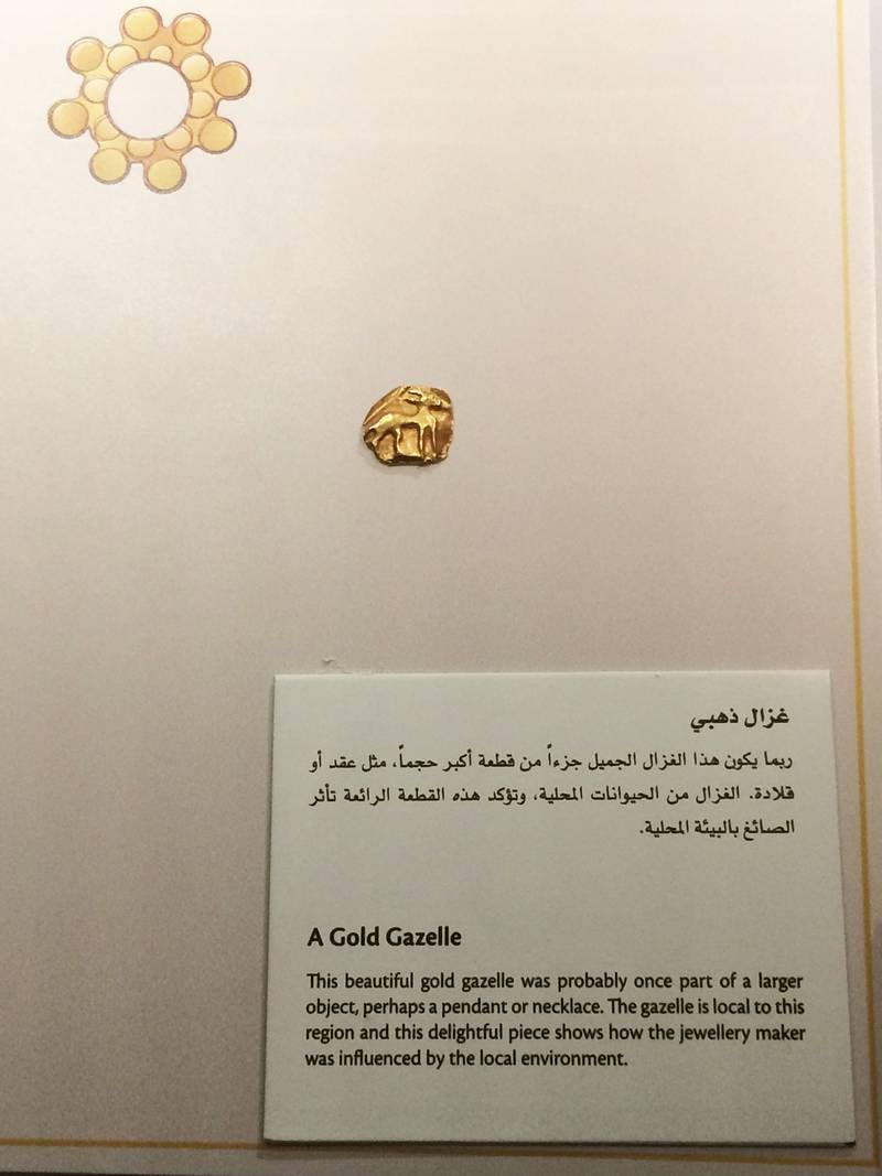 caption: A gold Gazelle, believed to be a pendant. Reflecting jewellery was influenced by local environment and its animals.
Credit Rym Ghazal found at the  Saruq Al Hadid  site 

also written as Saroug Al Hadeed

 *** Local Caption ***  SARUQ GHAZAL.jpg