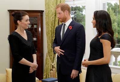 WELLINGTON, NEW ZEALAND - OCTOBER 28:  Prince Harry, Duke of Sussex and Meghan, Duchess of Sussex meet New Zealand Prime Minister Jacinda Ardern, at Government House on October 28, 2018 in Wellington, New Zealand. The Duke and Duchess of Sussex are on their official 16-day Autumn tour visiting cities in Australia, Fiji, Tonga and New Zealand.  (Photo by Kirsty Wigglesworth - Pool /Getty Images)