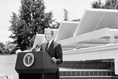 President Jimmy Carter unveils 32 solar panels that were installed on the roof of the West Wing of the White House on June 20, 1979. Photo: Universal History Archive via Getty