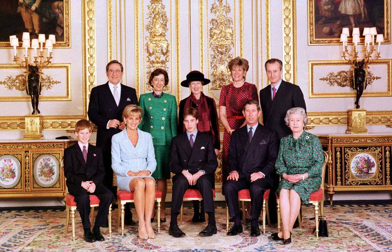 The official portrait of the royal family on the day of Prince William's confirmation at Windsor Castle in 1997. Lady Susan stands second from the left on the back row. Getty Images