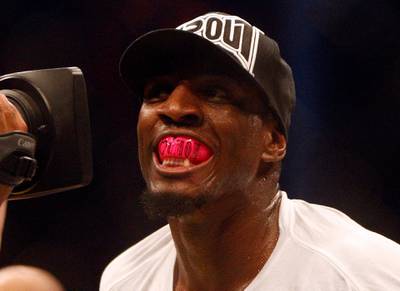 ABU DHABI. 10th April 2010. UFC. YAS ISLAND. Love you mom... On the gum shield of fighter Phil Davis from USA smiles after winning his bout against Alex Gustafsson  at the specially built arena on Yas Island last night (sat)  Stephen  Lock   /  The National  