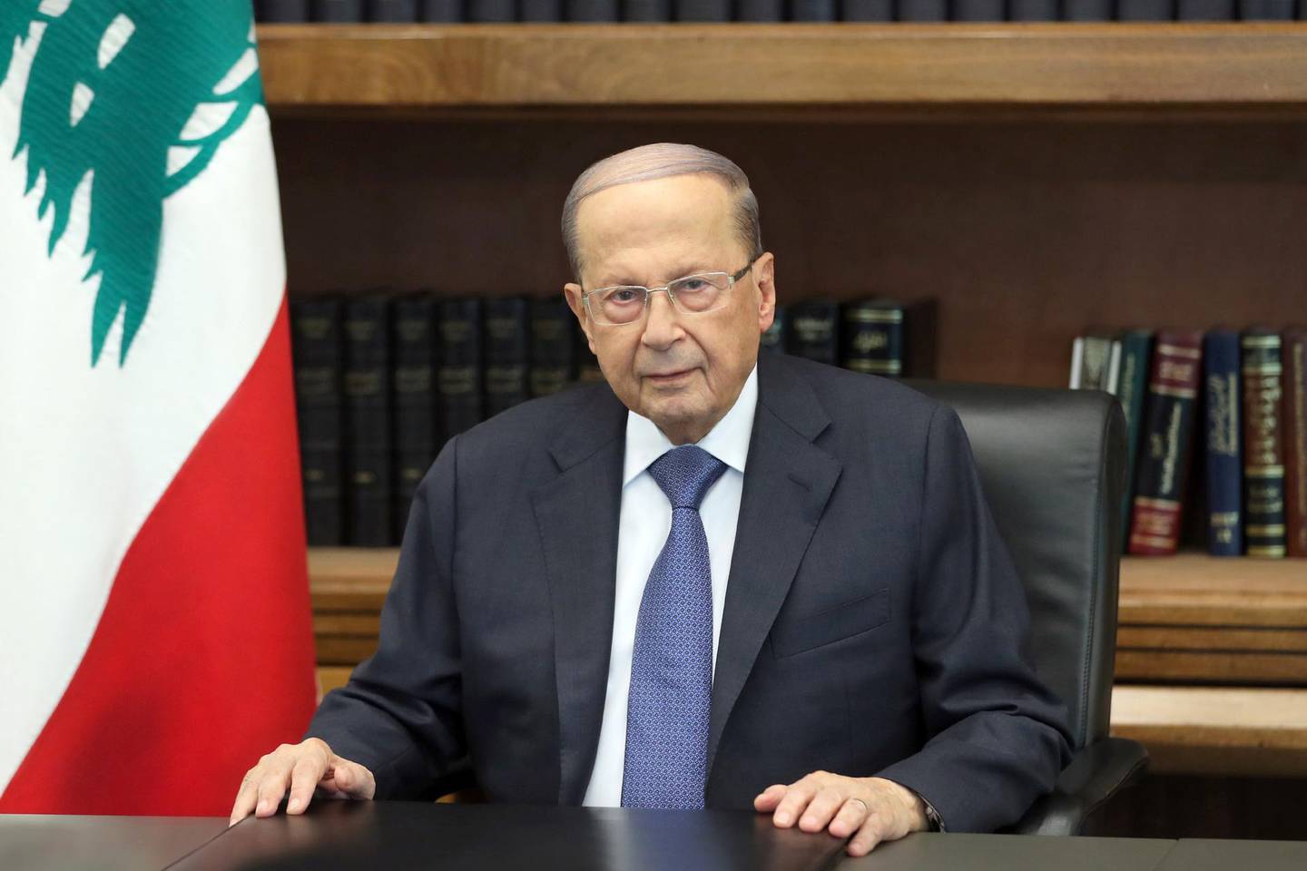 BEIRUT, LEBANON - OCTOBER 24: (----EDITORIAL USE ONLY  MANDATORY CREDIT - "LEBANESE PRESIDENCY / HANDOUT" - NO MARKETING NO ADVERTISING CAMPAIGNS - DISTRIBUTED AS A SERVICE TO CLIENTS----) Lebanese President Michel Aoun speaks regarding the ongoing anti-government protests as he attends a live broadcast, in Beirut, Lebanon on October 24, 2019.
 (Photo by Presidency of Lebanon / Handout/Anadolu Agency via Getty Images)