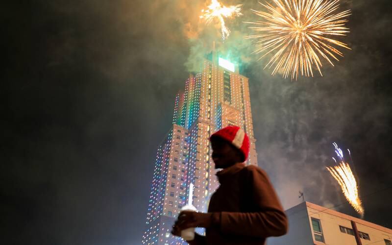 Fireworks explode over the UAP Old Mutual Tower during New Year's Eve celebrations in Nairobi, Kenya. Reuters