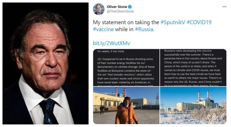 Oscar-winning US director Oliver Stone received the Russian version of the vaccine in December, sharing that he got it because he was filming in the country. AFP, Twitter
