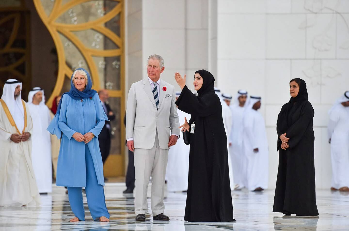 ABU DHABI, UNITED ARAB EMIRATES - NOVEMBER 06:  Camilla, Duchess of Cornwall and Prince Charles, Prince of Wales visit the Grand Mosque on the first day of a Royal tour of the United Arab Emirates.WAM *** Local Caption ***  534c5245-6459-4240-bbf7-10f029c9f37a.jpg na07no-charles2-p4.jpg