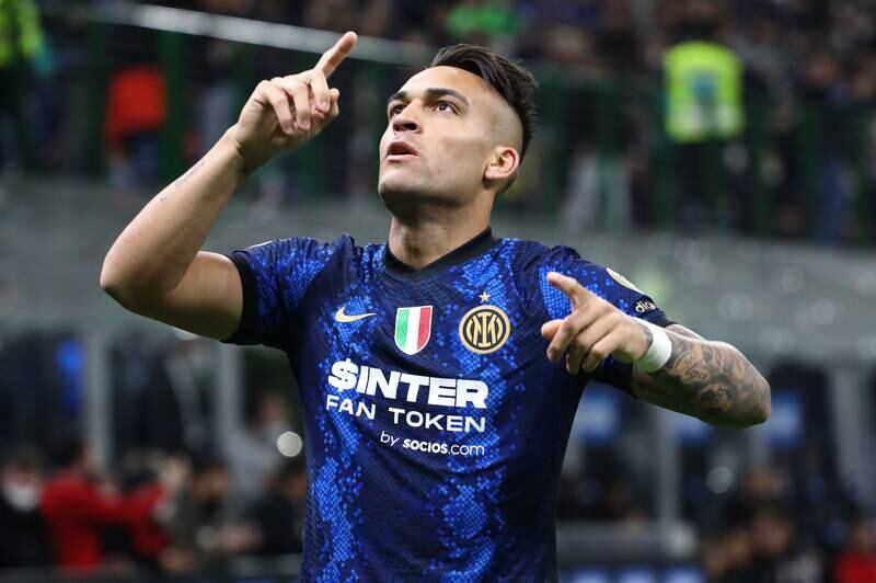 Lautaro Martinez celebrates after scoring the opening goal during Inter Milan's Coppa Italia semi-final second leg win over AC Milan at the San Siro on April 19, 2022. Inter won 3-0 on the night after the first leg had finished goalless. Getty