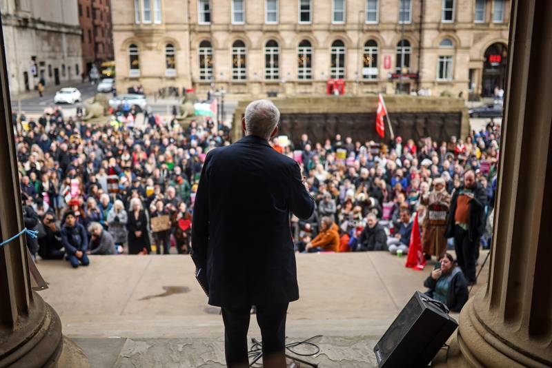 Former Labour leader Jeremy Corbyn speaks at the rally in Liverpool welcoming refugees. PA