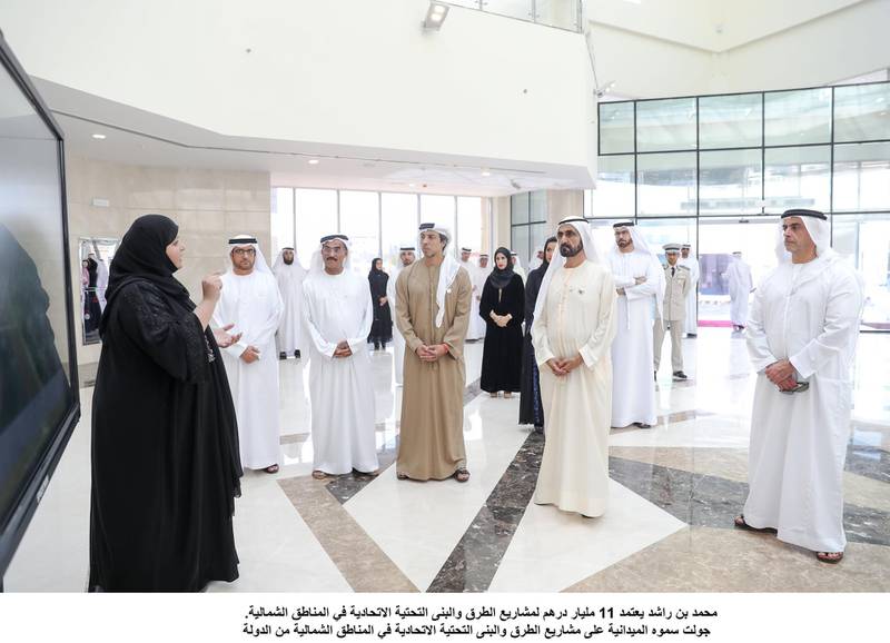 Sheikh Mohammed bin Rashid, Vice President and Ruler of Dubai, is briefed on some of the roads and infrastructure projects planned for the Northern Emirates. Wam