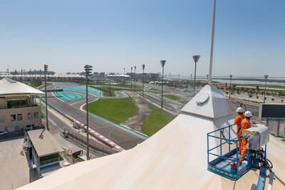 Workers prepare to clean a canopy in the North Grandstand. Photo: Yas Marina Circuit