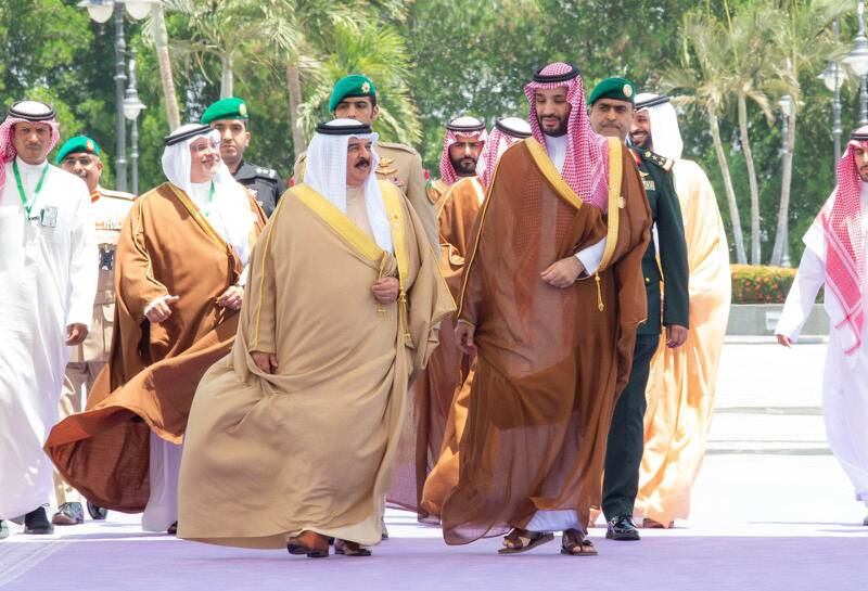 Bahrain's King Hamad is welcomed by Saudi Crown Prince Mohammed bin Salman, in Jeddah. SPA