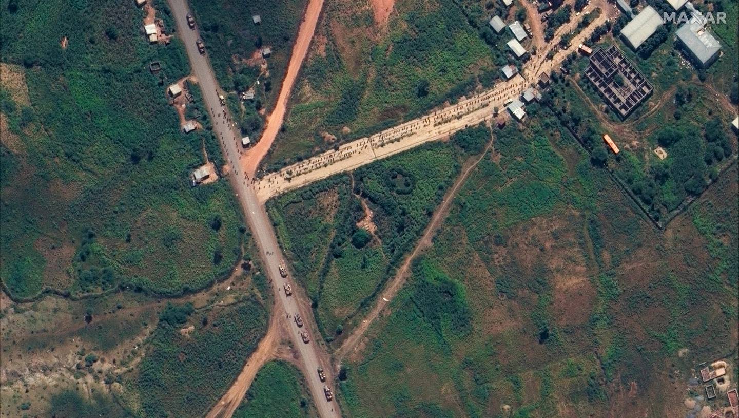 A satellite image from Maxar Technologies purportedly shows unidentified military forces mobilised in the town of Sheraro, in the Tigray region of northern Ethiopia, on September 26. Maxar Technologies / AP