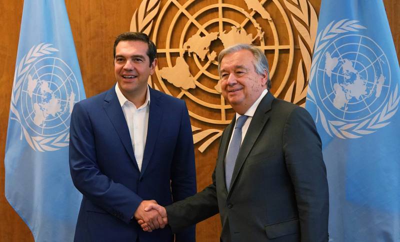 United Nations Secretary General Antonio Guterres (R) meets Greece's Prime Minister  Alexis Tsipras. AFP