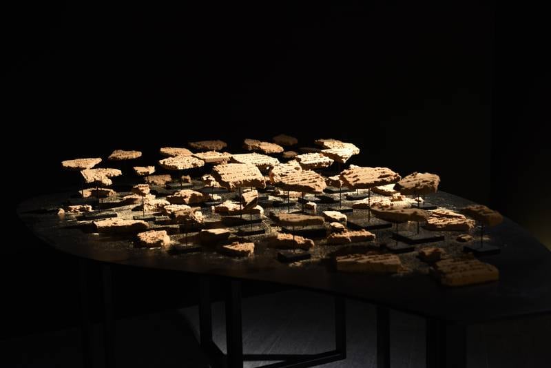 Detail of Nasser Alzayani’s installation 'Watering the distant, deserting the near', made of compressed sand tablets produced via a laser-cut stencilling method. Vidhyaa Chandramohan / The National