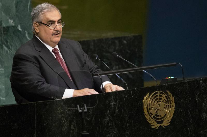 Bahrain's Foreign Minister Shaikh Khalid Bin Ahmed Al-Khalifa addresses the United Nations General Assembly. AP Photo