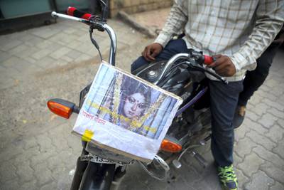 27 Feb 2018, Mumbai - INDIA
Sridevi's portrait respectfully put by Dilip Chauhan and Sohan Hatkar on their Bike.
(Subhash Sharma for The National) 