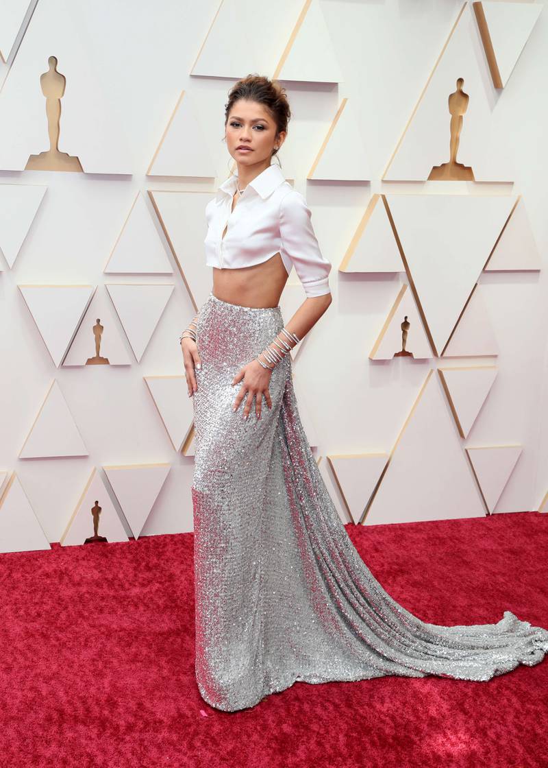 Zendaya, wearing a Valentino shirt and sequinned skirt two-piece, attends the 94th Annual Academy Awards. AFP