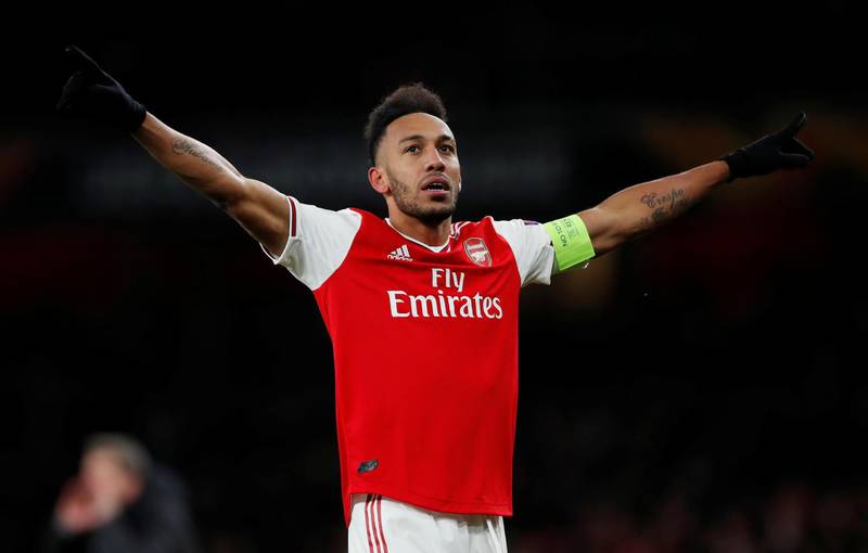 Soccer Football - Europa League - Round of 32 Second Leg - Arsenal v Olympiacos - Emirates Stadium, London, Britain - February 27, 2020  Arsenal's Pierre-Emerick Aubameyang celebrates scoring their first goal  Action Images via Reuters/Paul Childs