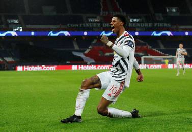 Soccer Football - Champions League - Group H - Paris St Germain v Manchester United - Parc des Princes, Paris, France - October 20, 2020 Manchester United's Marcus Rashford celebrates scoring their second goal REUTERS/Gonzalo Fuentes TPX IMAGES OF THE DAY