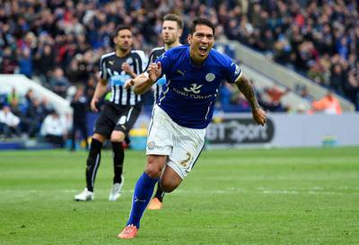 Leonardo Ulloa celebrates his second goal - and Leicester's third - during the victory over Newcastle on May 2 2015. Ross Kinniard / Getty