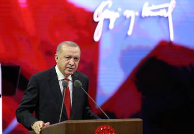 Turkish President Tayyip Erdogan speaks during a ceremony to mark the modern Turkey's founder Ataturk's death anniversary, in Ankara, Turkey November 10,  2020. Presidential Press Office/Handout via REUTERS ATTENTION EDITORS - THIS PICTURE WAS PROVIDED BY A THIRD PARTY. NO RESALES. NO ARCHIVE.
