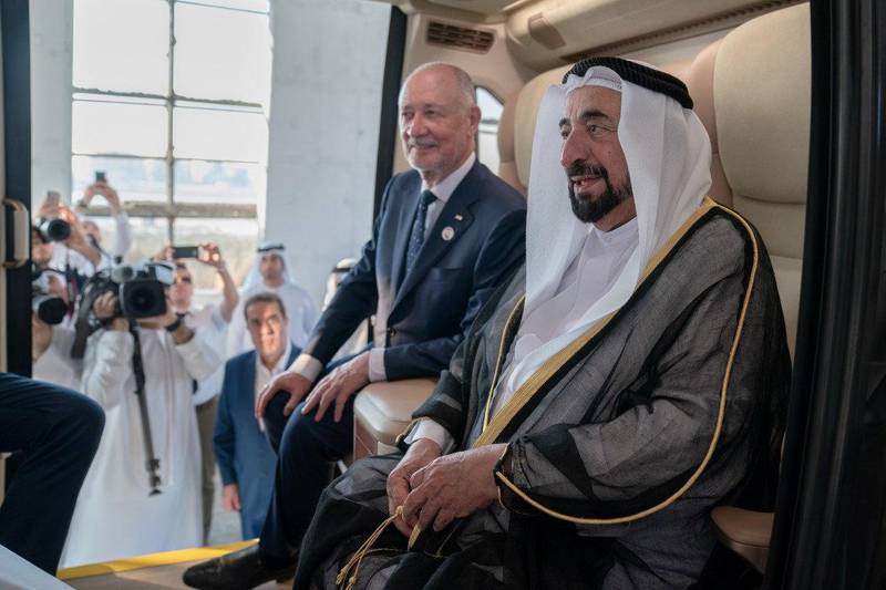 The Ruler of Sharjah, Sheikh Dr Sultan bin Muhammed Al Qasimi, witnesses the launch of the hi-tech new transport system, SkyWay. All pictures courtesy of Wam