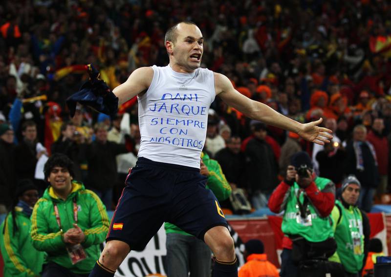 JOHANNESBURG, SOUTH AFRICA - JULY 11:  Andres Iniesta of Spain celebrates scoring during the 2010 FIFA World Cup South Africa Final match between Netherlands and Spain at Soccer City Stadium on July 11, 2010 in Johannesburg, South Africa.  (Photo by Alex Livesey - FIFA/FIFA via Getty Images)