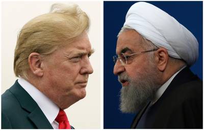 COMBO - This combination of two pictures shows U.S. President Donald Trump, left, on July 22, 2018, and Iranian President Hassan Rouhani on Feb. 6, 2018. In his latest salvo, Trump tweeted late on Sunday, July 22 that hostile threats from Iran could bring dire consequences. This was after Iranian President Rouhani remarked earlier in the day that â€œAmerican must understand well that peace with Iran is the mother of all peace and war with Iran is the mother of all wars.â€ Trump tweeted: â€œNEVER EVER THREATEN THE UNITED STATES AGAIN OR YOU WILL SUFFER CONSEQUENCES THE LIKE OF WHICH FEW THROUGHOUT HISTORY HAVE EVER SUFFERED BEFORE.â€ (AP Photo)