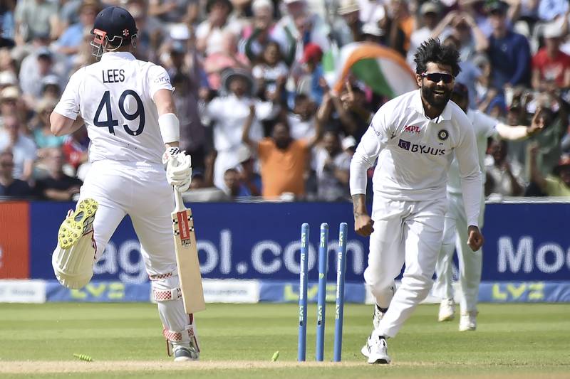 India's Ravindra Jadeja runs out England batter Alex Lees for 56. AP